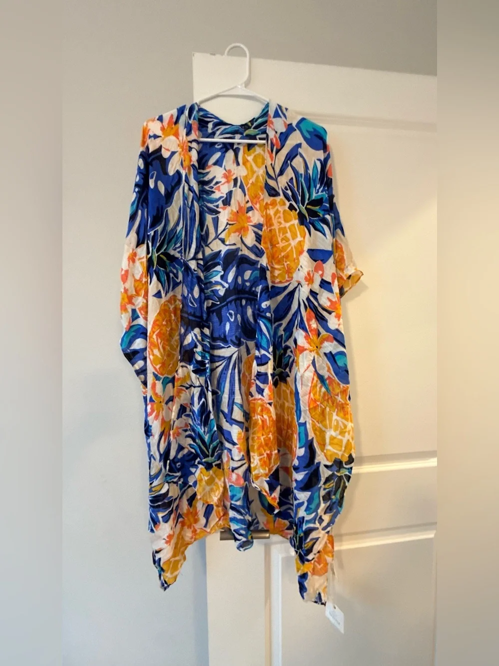 Tropical Pineapple Print Kimono Cover-Up - Blue & Yellow
